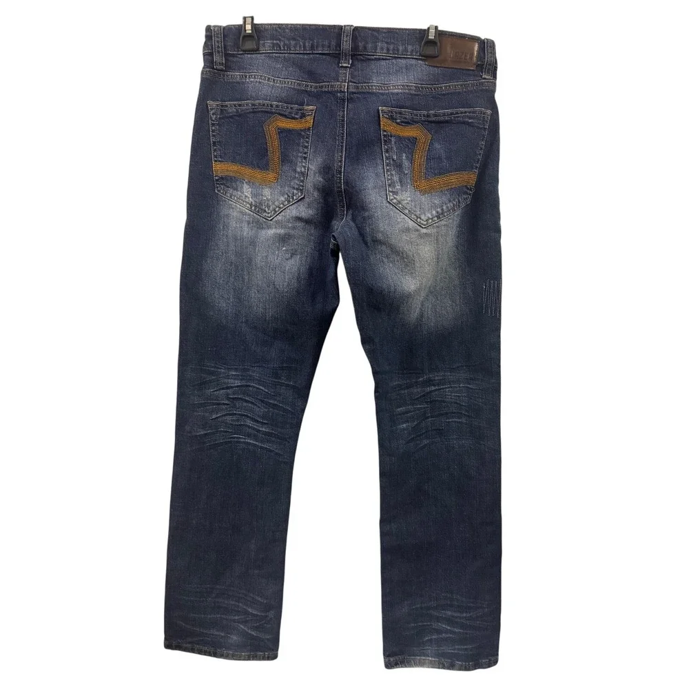 LAZER Mens 34x30 Blue Wash‎ Distressed Denim Jeans Straight Fit